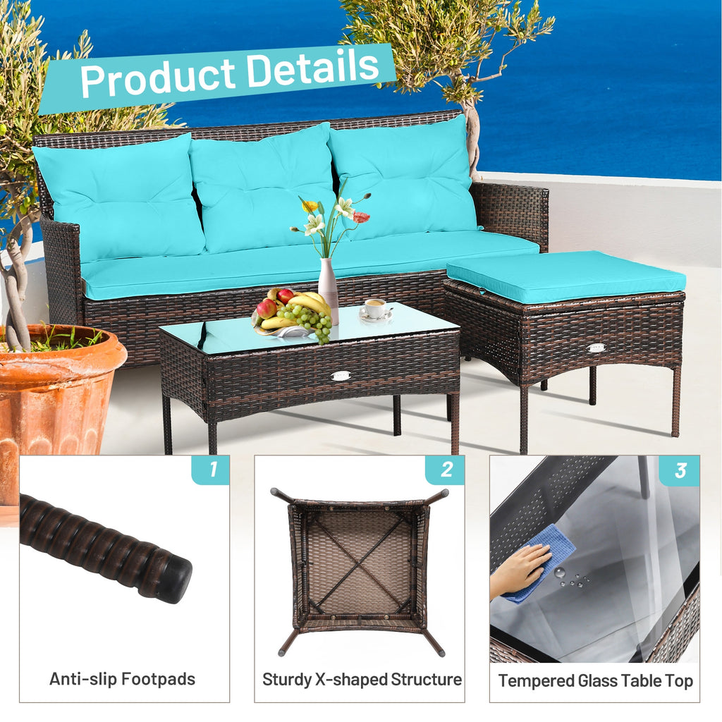 3-Piece Patio Sectional Sofa Set with Cushions - Turquoise
