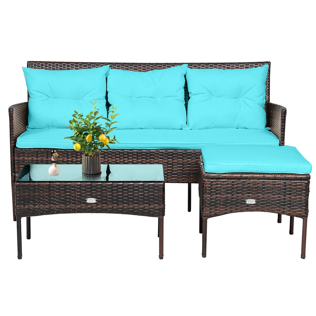 3-Piece Patio Sectional Sofa Set with Cushions - Turquoise