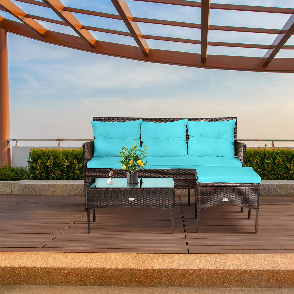 3-Piece Patio Sectional Sofa Set with Cushions - Turquoise