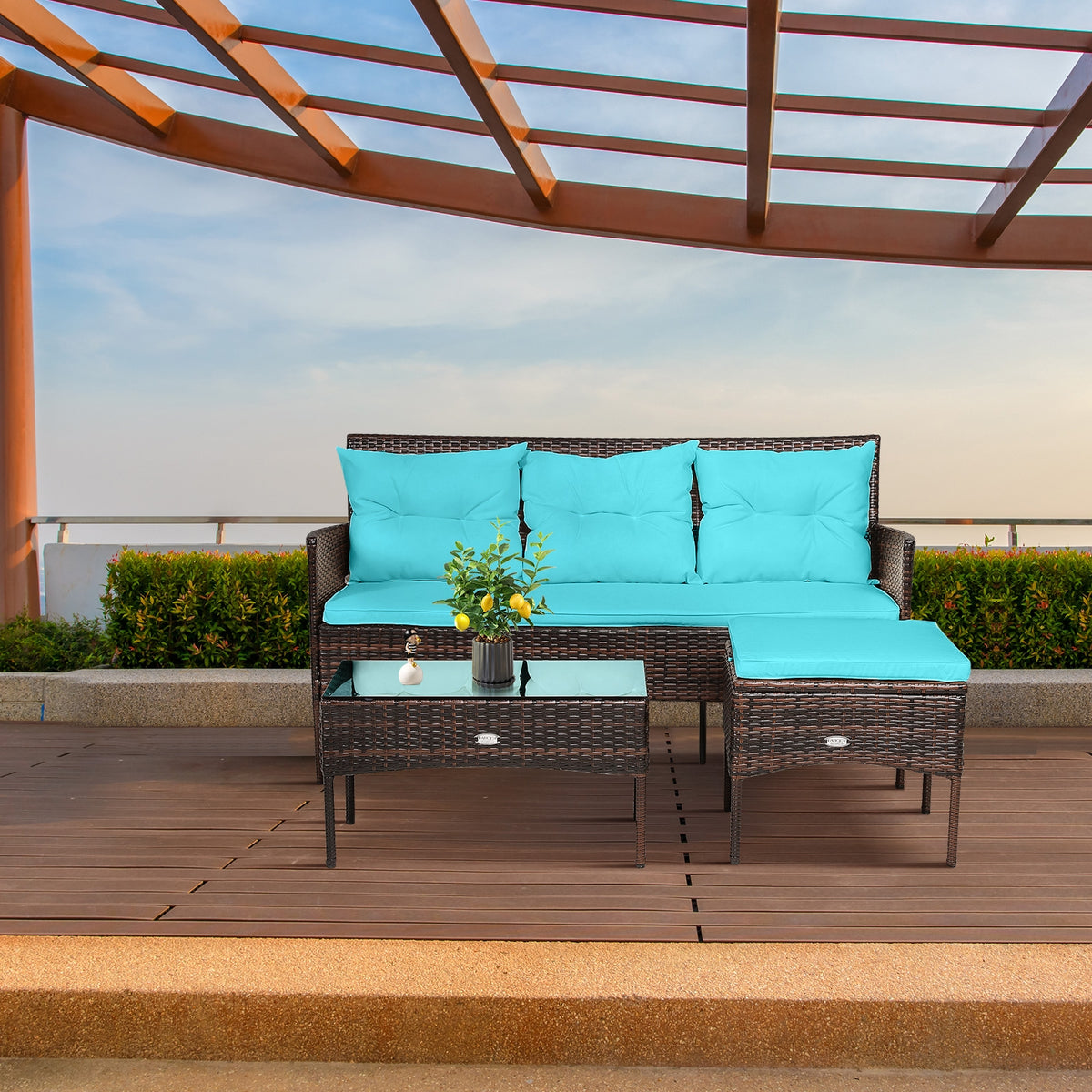 3-Piece Patio Sectional Sofa Set with Cushions - Turquoise