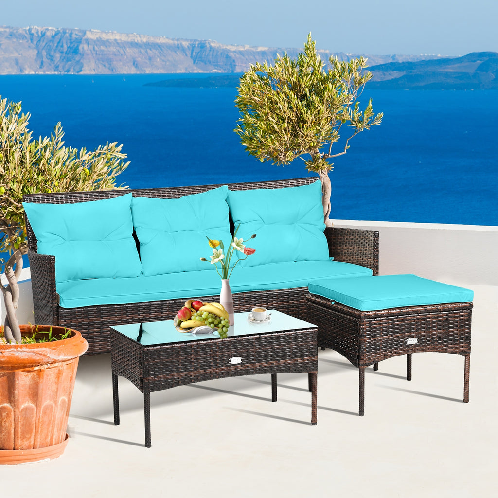 3-Piece Patio Sectional Sofa Set with Cushions - Turquoise