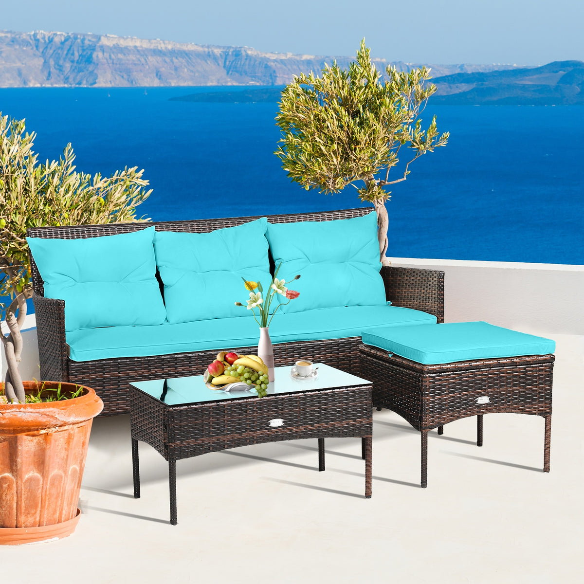 3-Piece Patio Sectional Sofa Set with Cushions - Turquoise