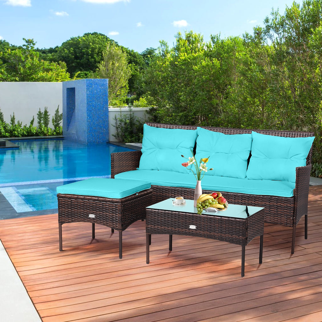 3-Piece Patio Sectional Sofa Set with Cushions - Turquoise