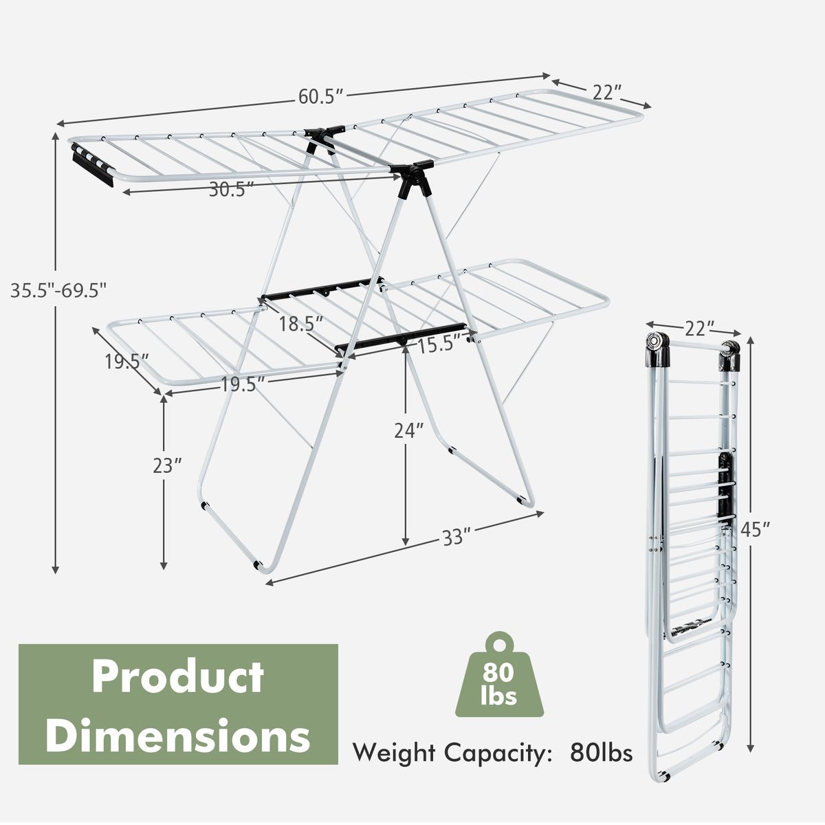 2-Tier Foldable Clothes Drying Rack - 3-Level Adjustable Gullwing