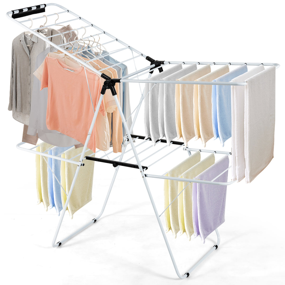 2-Tier Foldable Clothes Drying Rack - 3-Level Adjustable Gullwing