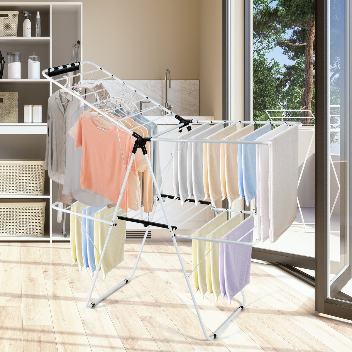 2-Tier Foldable Clothes Drying Rack - 3-Level Adjustable Gullwing