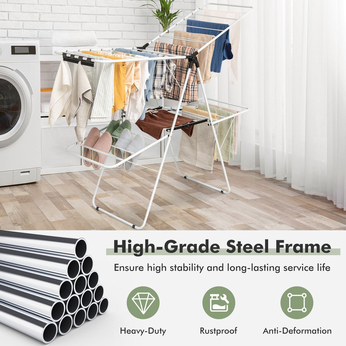 2-Tier Foldable Clothes Drying Rack - 3-Level Adjustable Gullwing