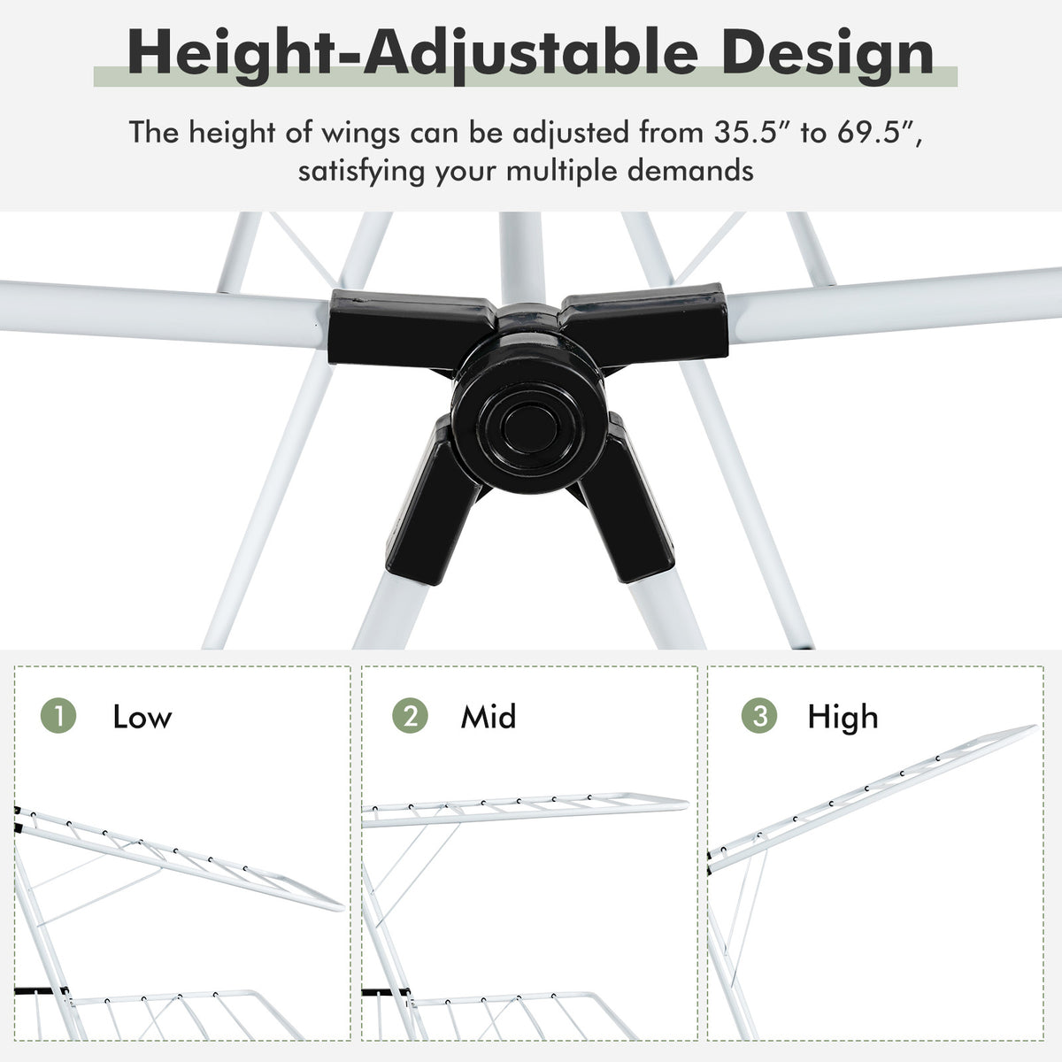 2-Tier Foldable Clothes Drying Rack - 3-Level Adjustable Gullwing