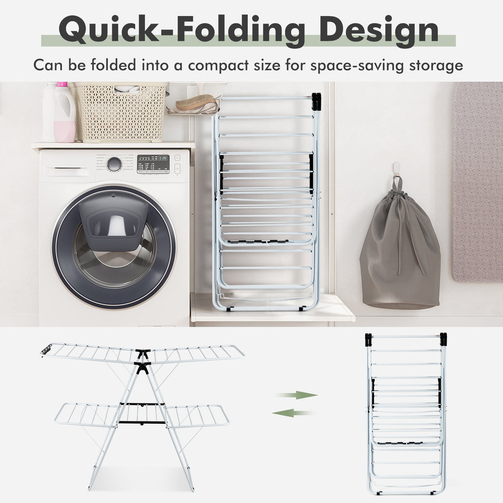 2-Tier Foldable Clothes Drying Rack - 3-Level Adjustable Gullwing
