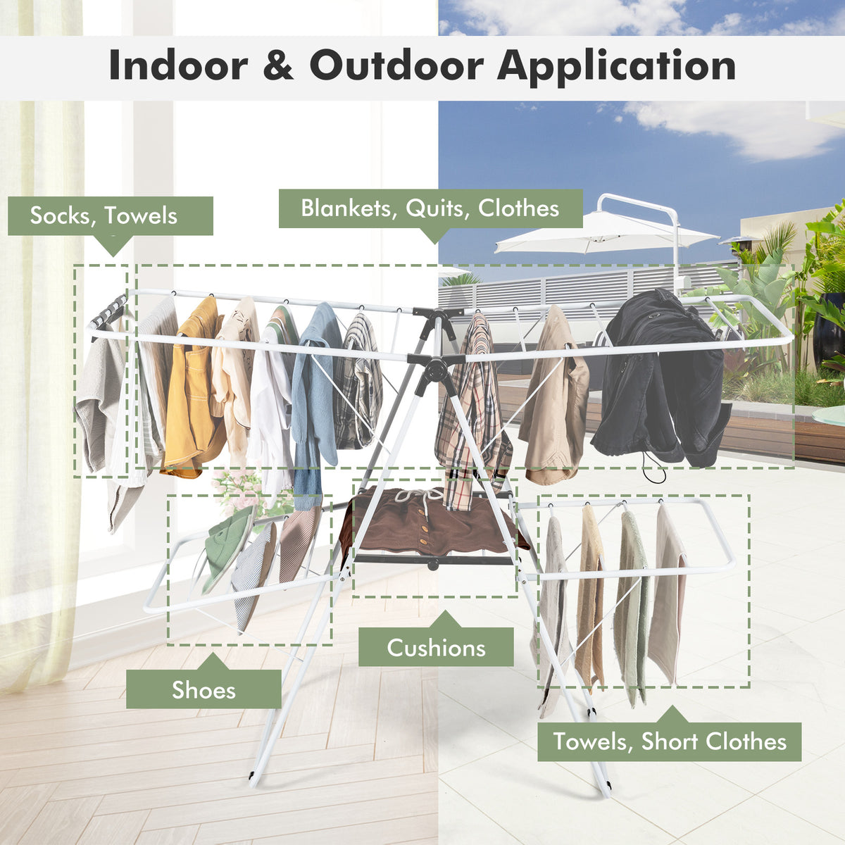 2-Tier Foldable Clothes Drying Rack - 3-Level Adjustable Gullwing