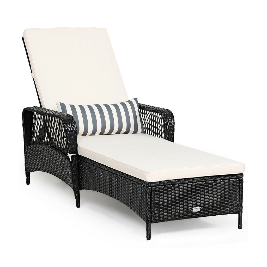Patio Wicker Chaise Lounge Chair with Pillow and Adjustable Backrest