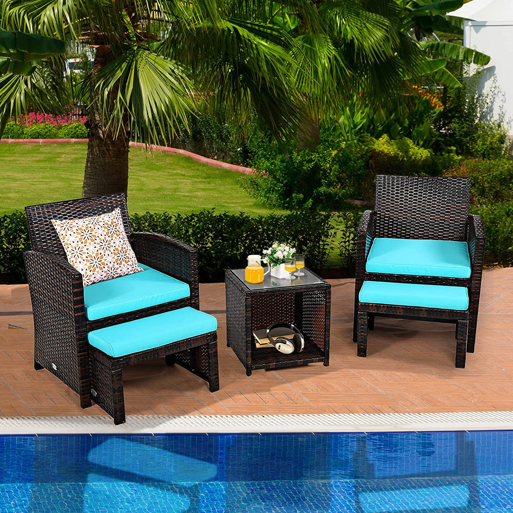 5 Pieces Patio Rattan Furniture Set with Ottoman and Tempered Glass