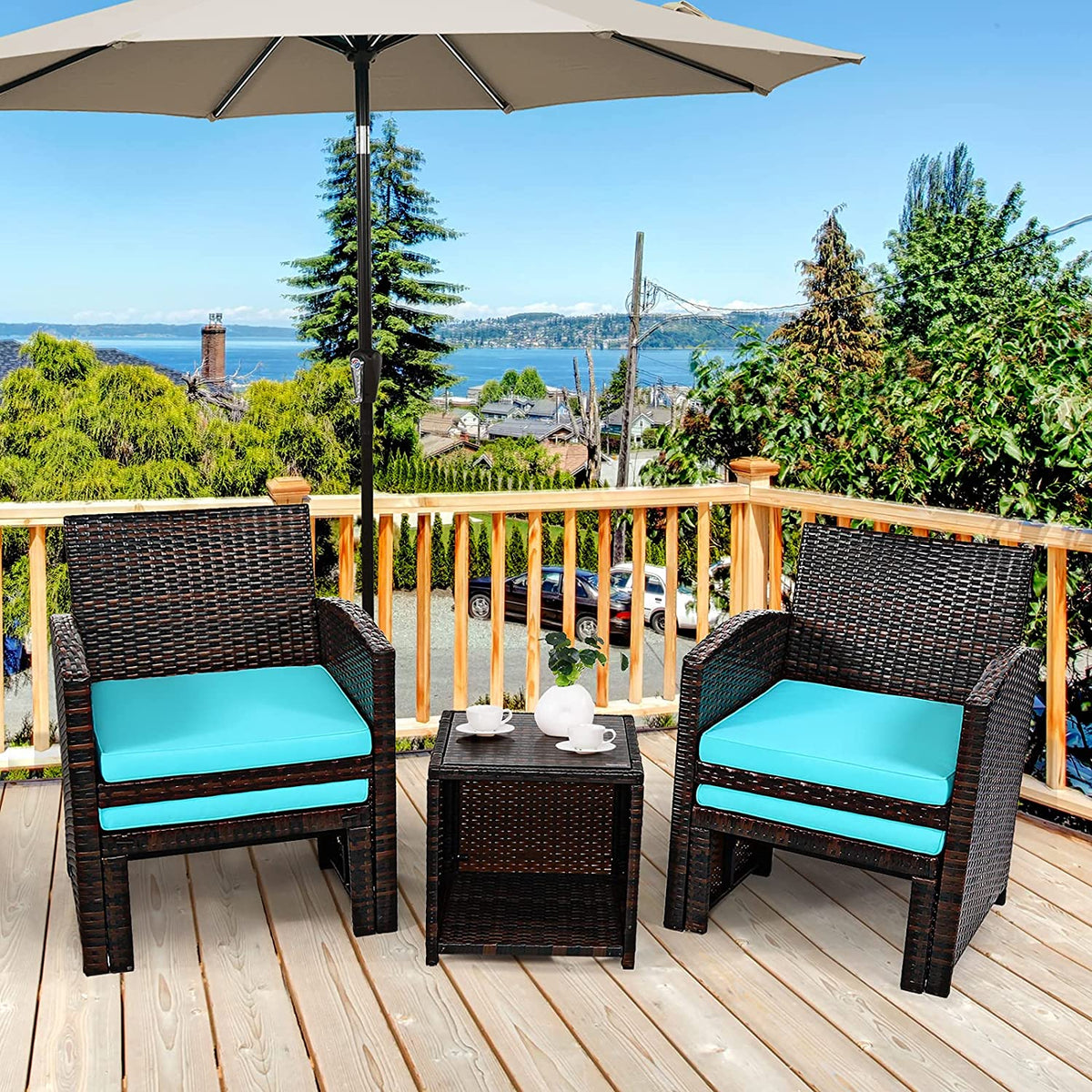 5 Pieces Patio Rattan Furniture Set with Ottoman and Tempered Glass