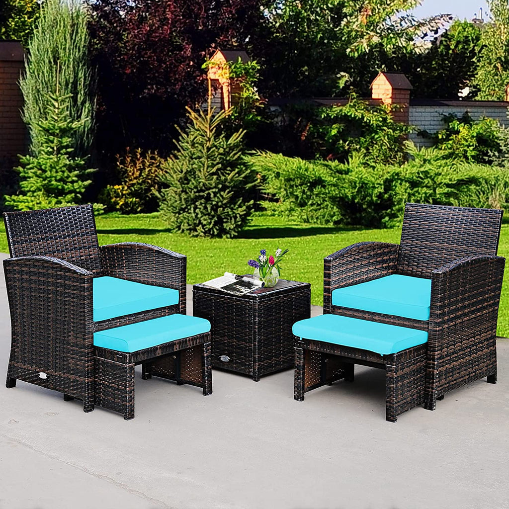 5 Pieces Patio Rattan Furniture Set with Ottoman and Tempered Glass