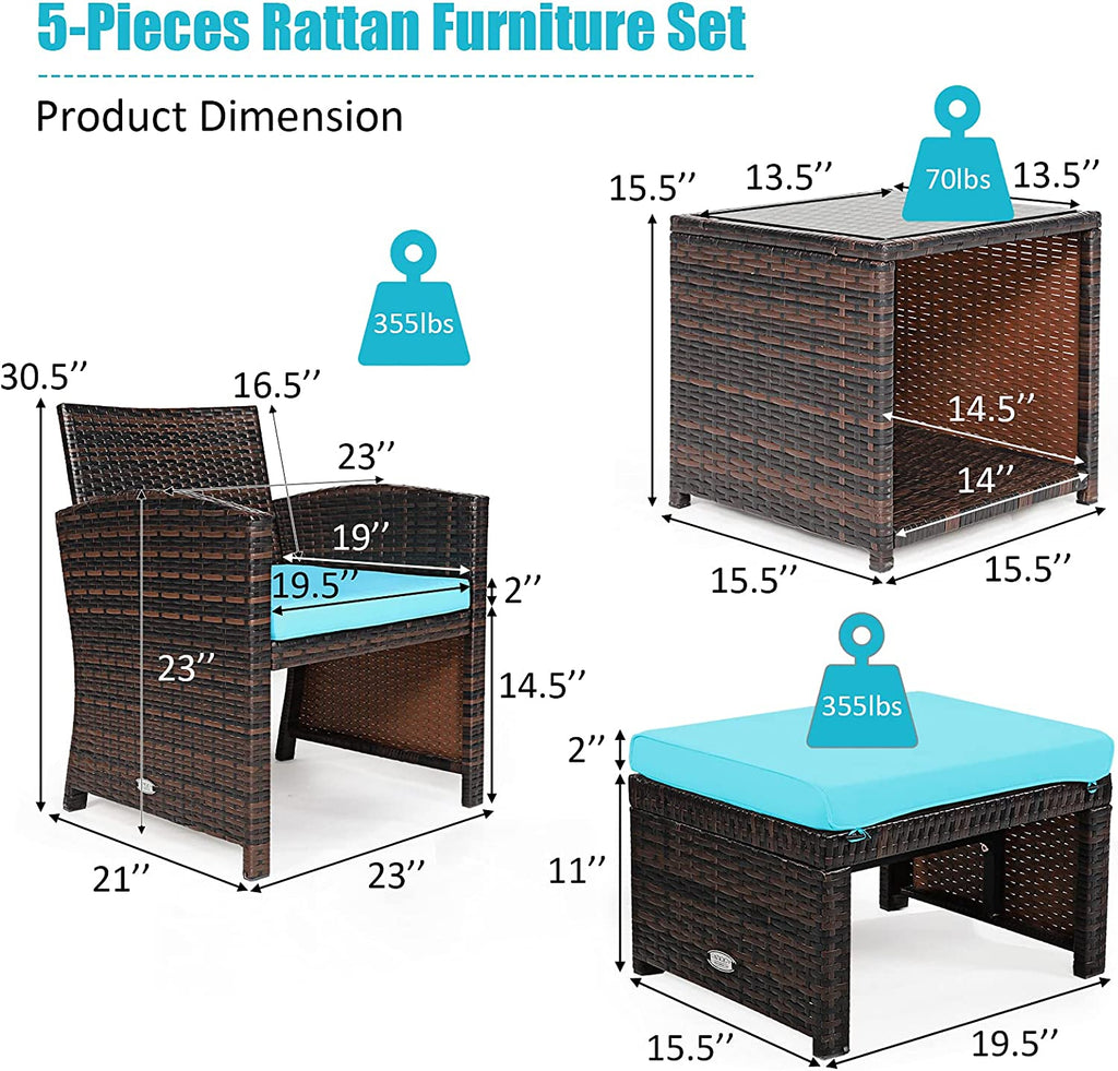 5 Pieces Patio Rattan Furniture Set with Ottoman and Tempered Glass