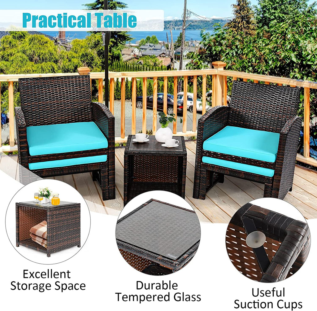 5 Pieces Patio Rattan Furniture Set with Ottoman and Tempered Glass