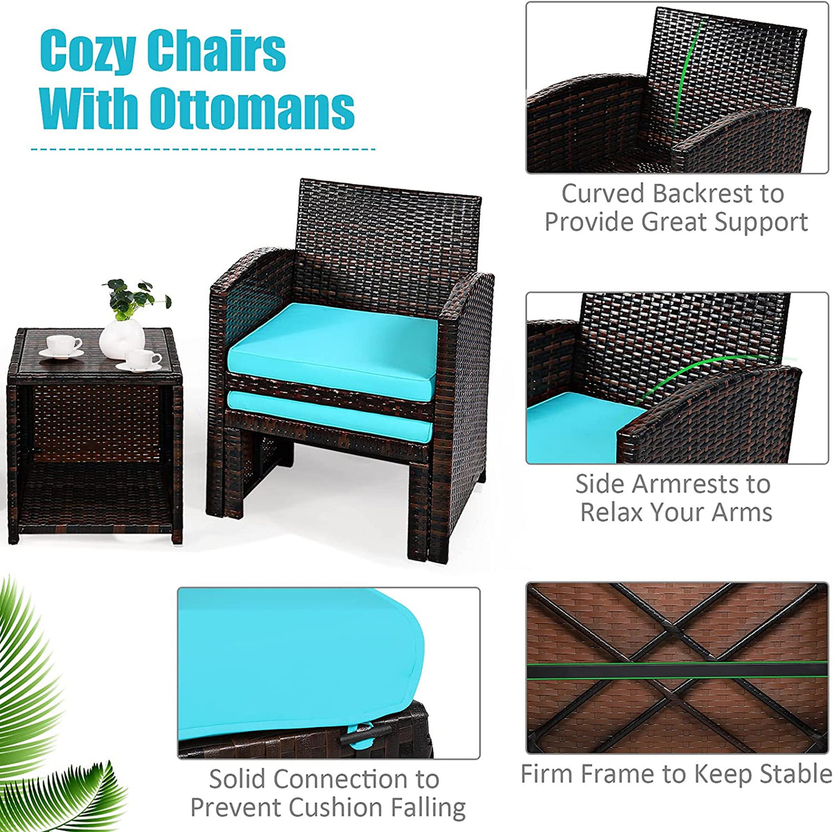 5 Pieces Patio Rattan Furniture Set with Ottoman and Tempered Glass