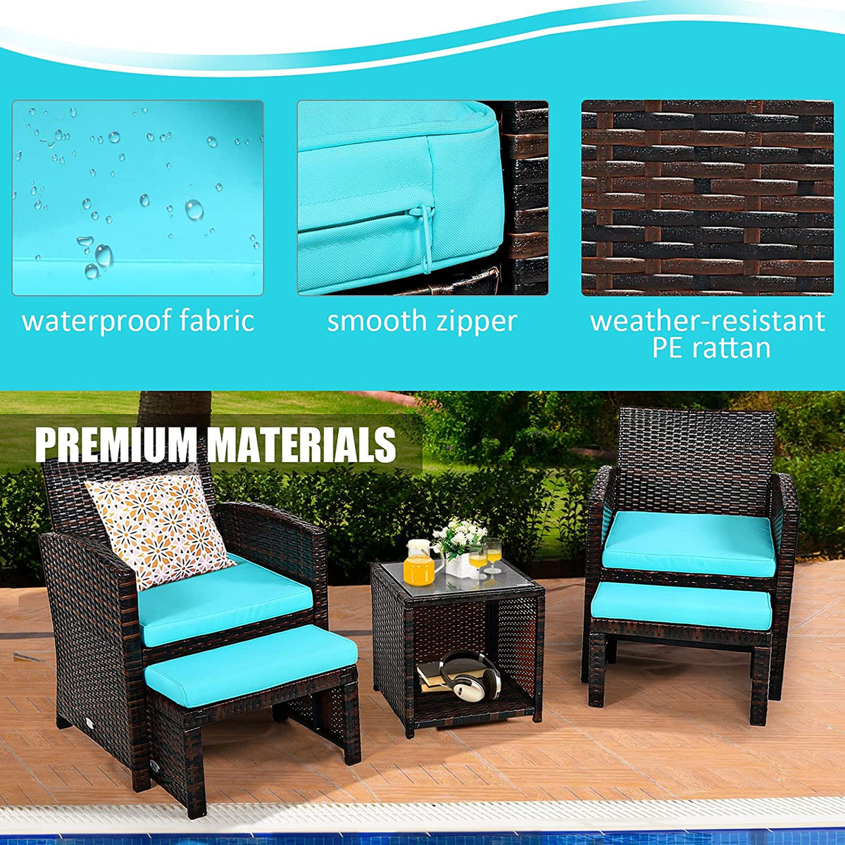 5 Pieces Patio Rattan Furniture Set with Ottoman and Tempered Glass