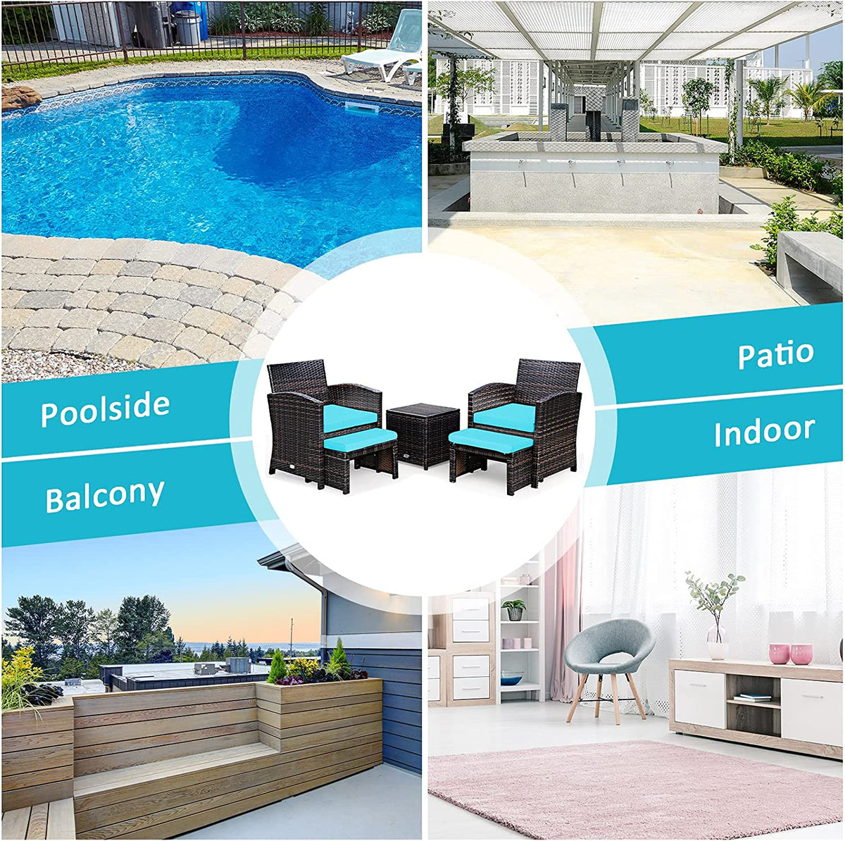 5 Pieces Patio Rattan Furniture Set with Ottoman and Tempered Glass