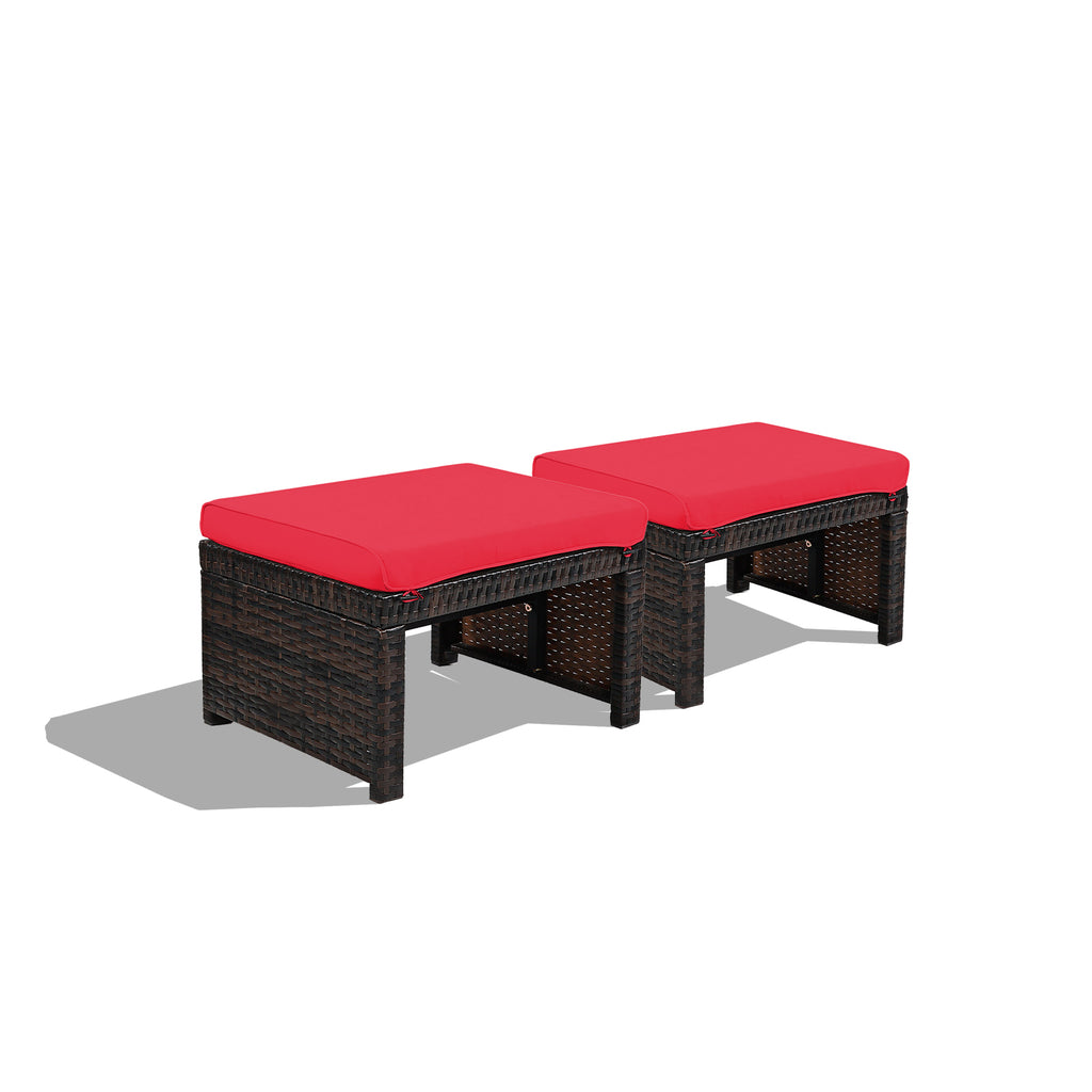 Patio Rattan Ottomans with Cushion - Red (Set of 2)