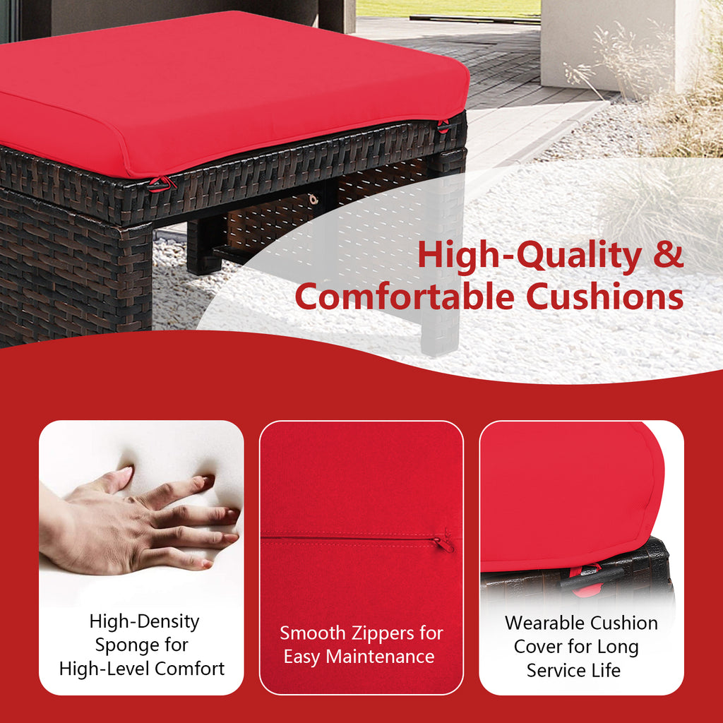 Patio Rattan Ottomans with Cushion - Red (Set of 2)