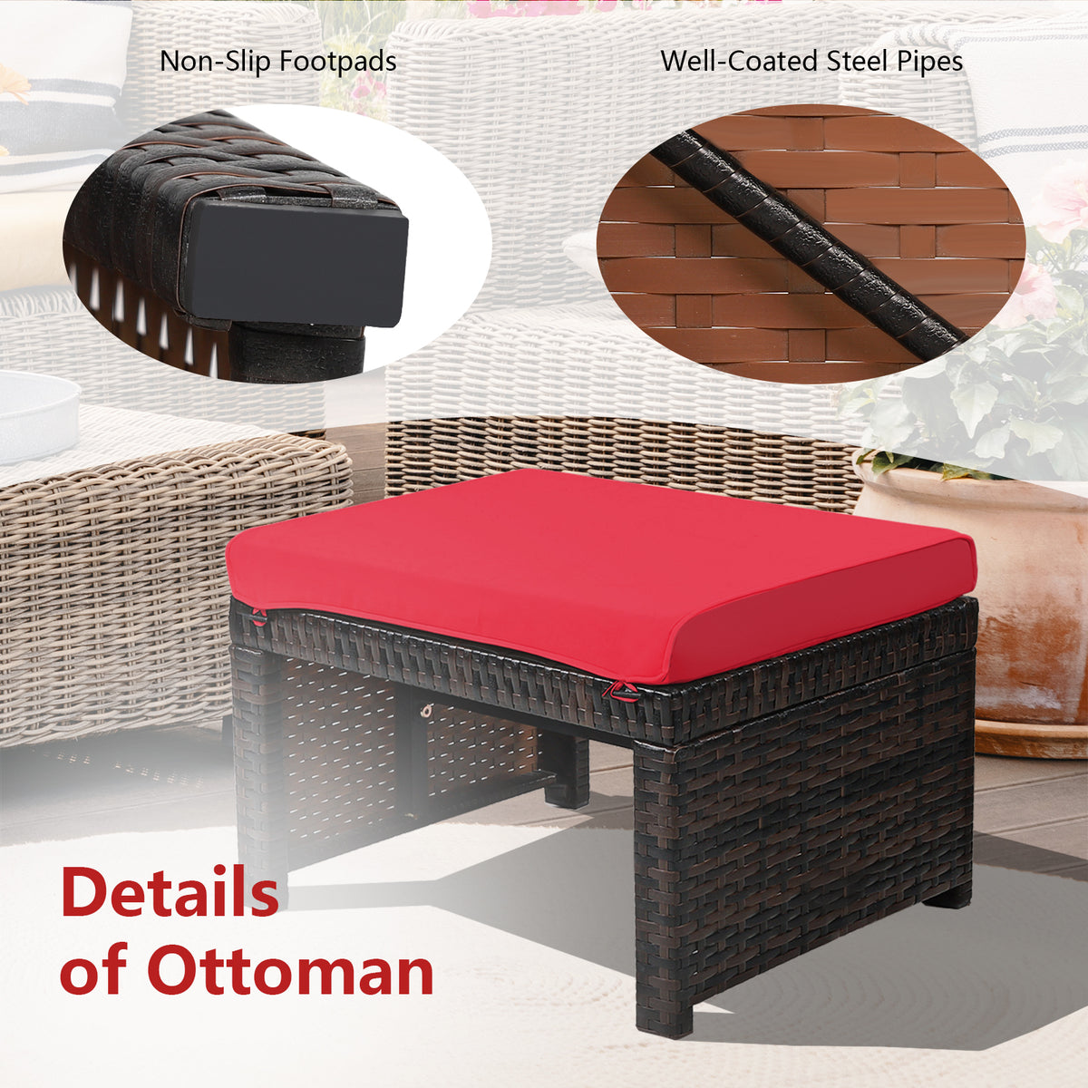 Patio Rattan Ottomans with Cushion - Red (Set of 2)