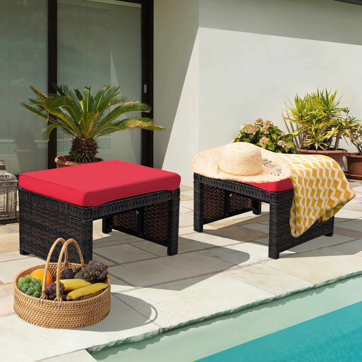 Patio Rattan Ottomans with Cushion - Red (Set of 2)