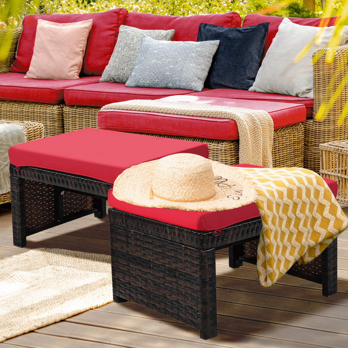 Patio Rattan Ottomans with Cushion - Red (Set of 2)