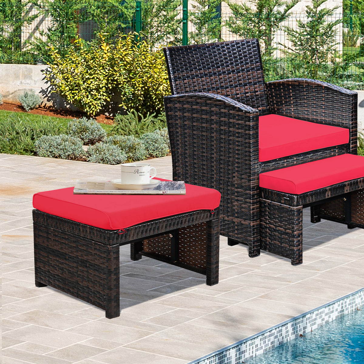Patio Rattan Ottomans with Cushion - Red (Set of 2)