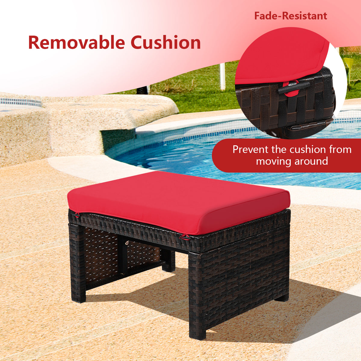Patio Rattan Ottomans with Cushion - Red (Set of 2)