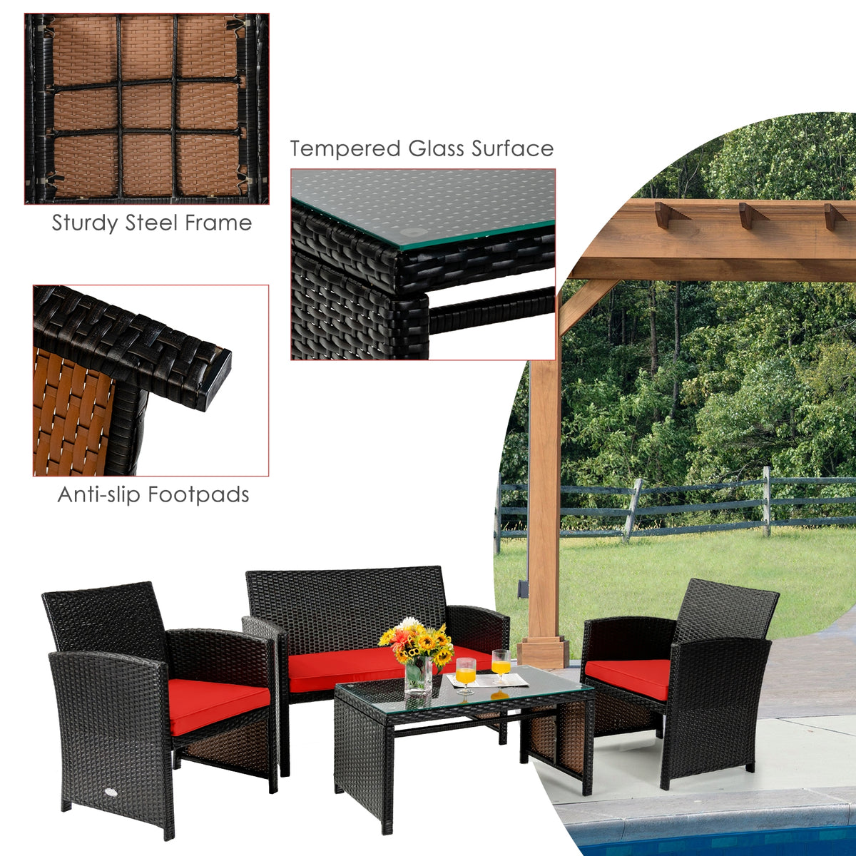 4-Piece Rattan Patio Furniture Set with Cushions - Red
