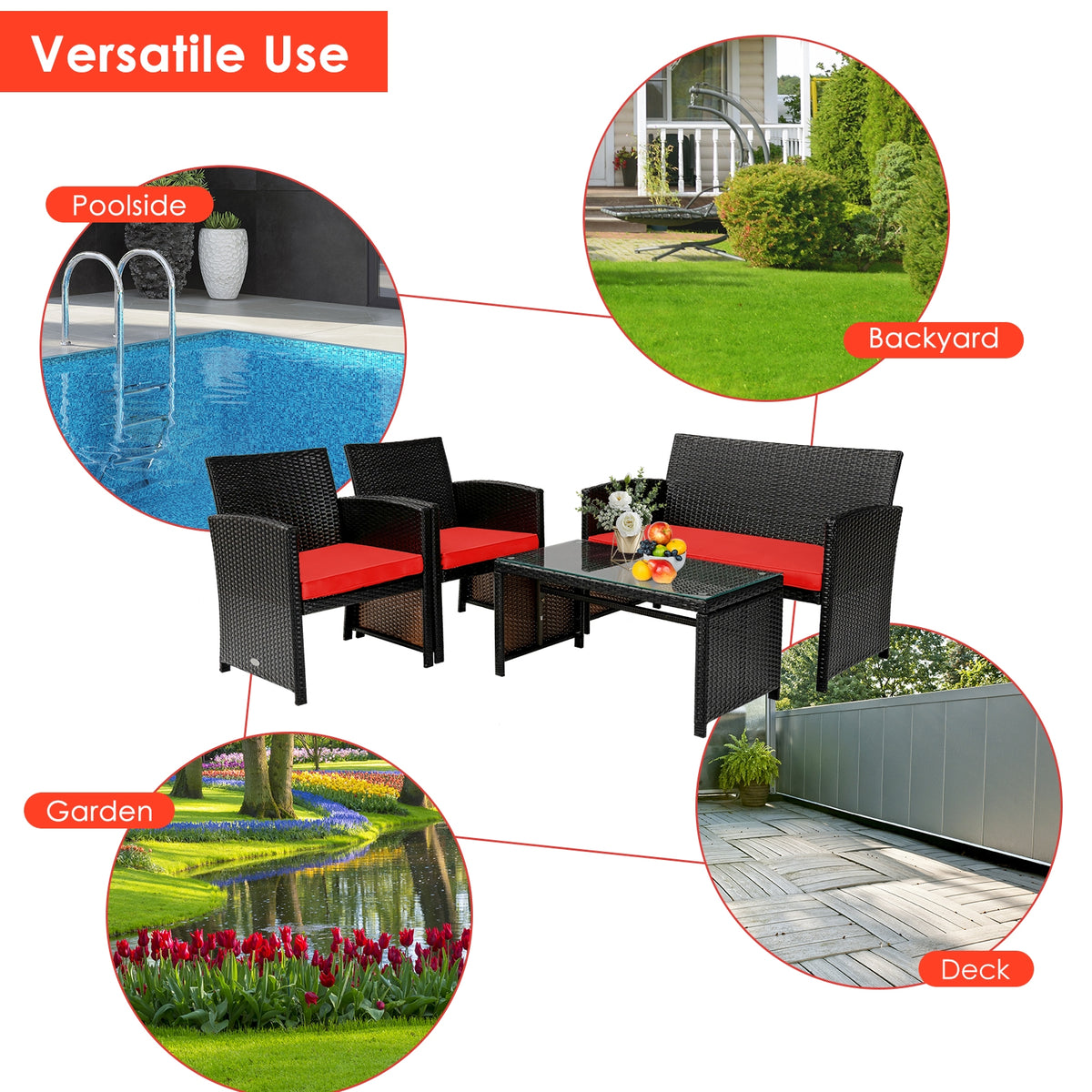 4-Piece Rattan Patio Furniture Set with Cushions - Red