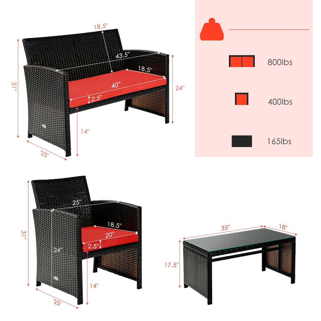 4-Piece Rattan Patio Furniture Set with Cushions - Red