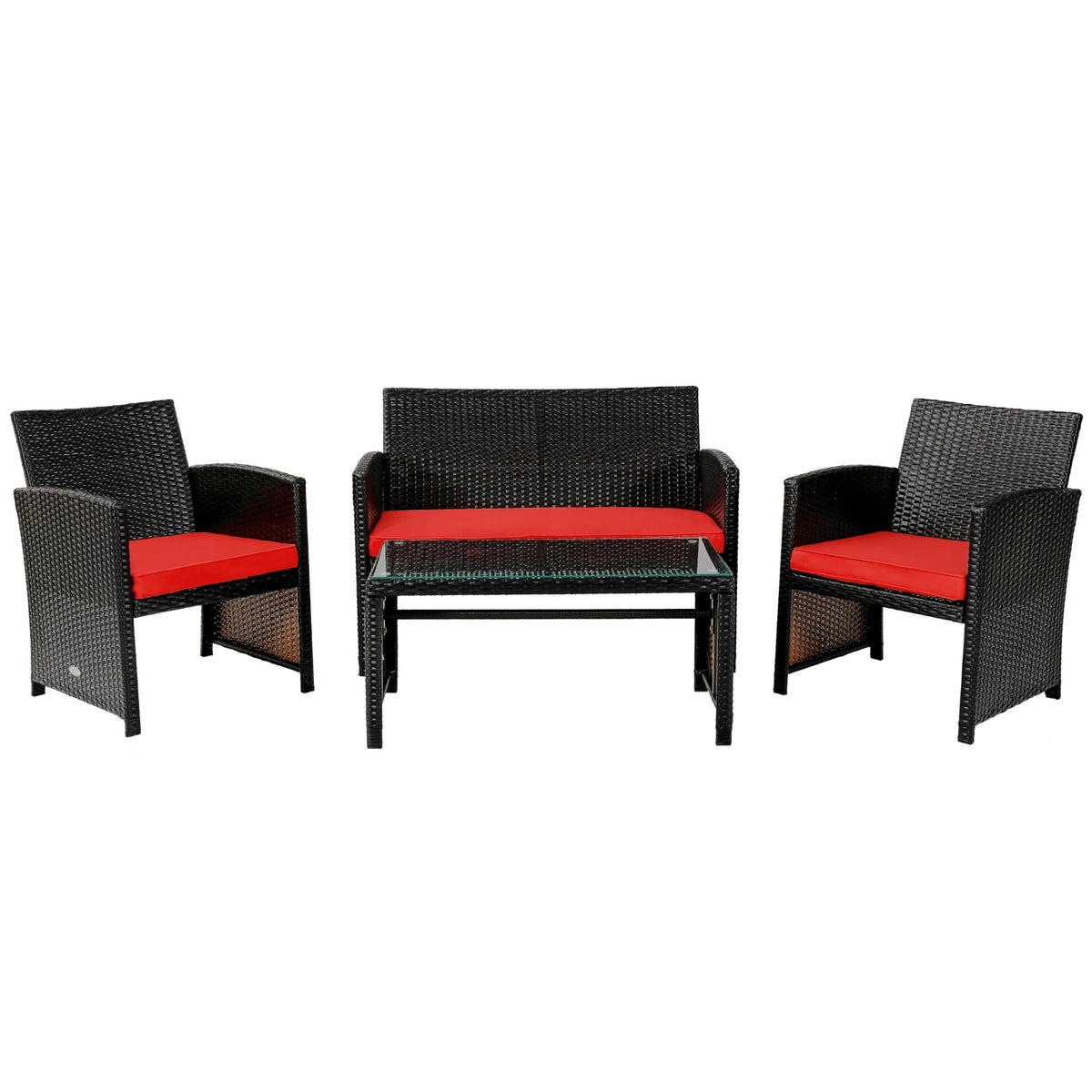 4-Piece Rattan Patio Furniture Set with Cushions - Red