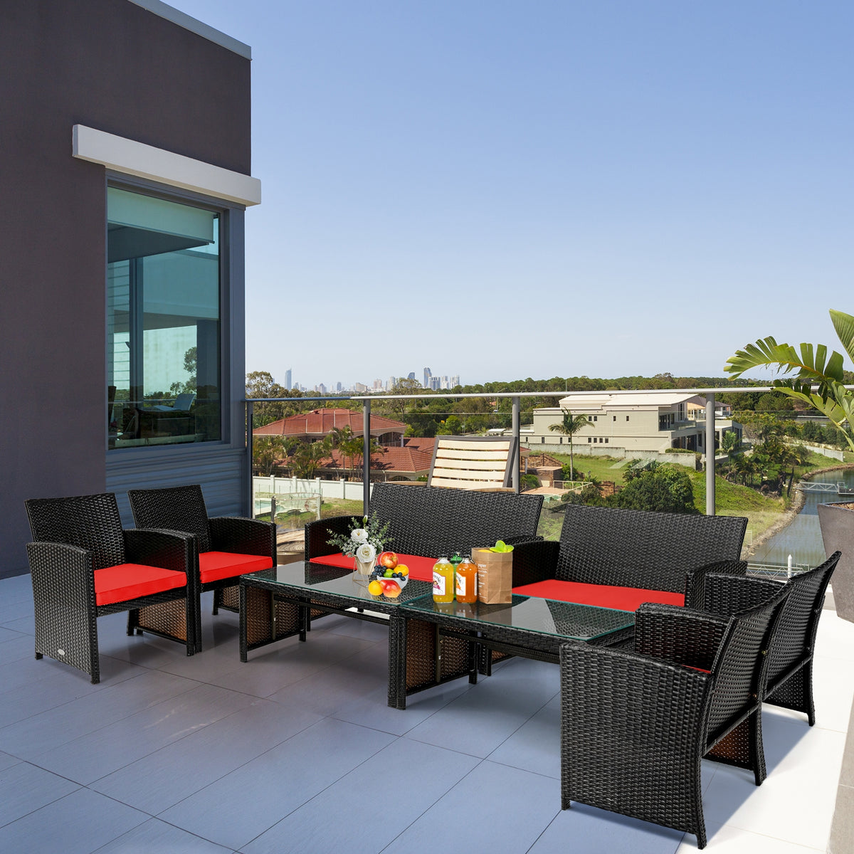 4-Piece Rattan Patio Furniture Set with Cushions - Red