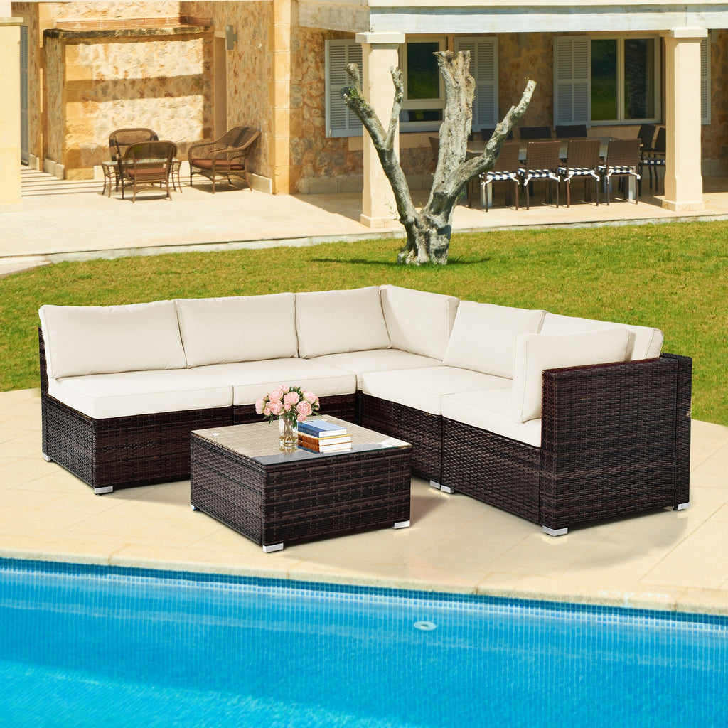 6-Piece Patio Rattan Furniture Set with Cushions - White