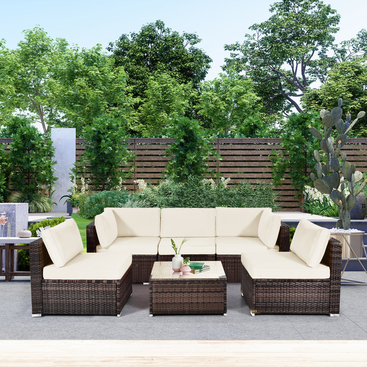 6-Piece Patio Rattan Furniture Set with Cushions - White