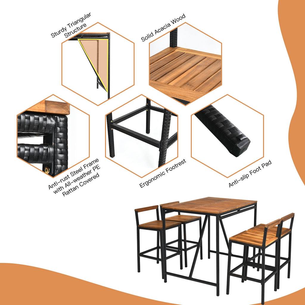 5 Pieces Outdoor Acacia Wood and PE Rattan Bar Set