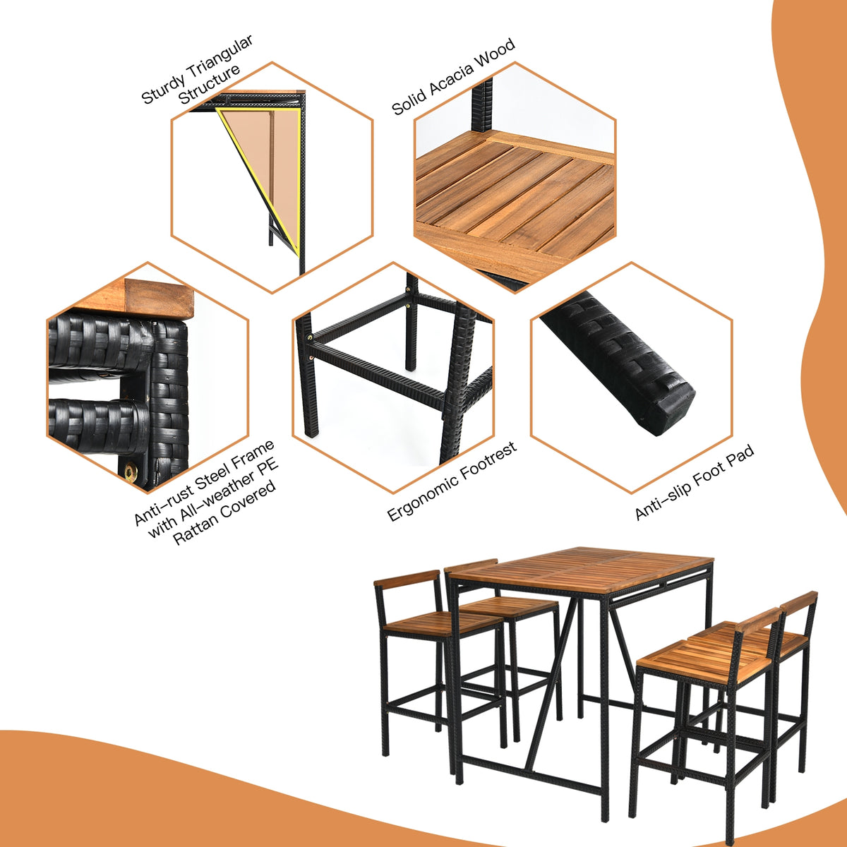 5 Pieces Outdoor Acacia Wood and PE Rattan Bar Set