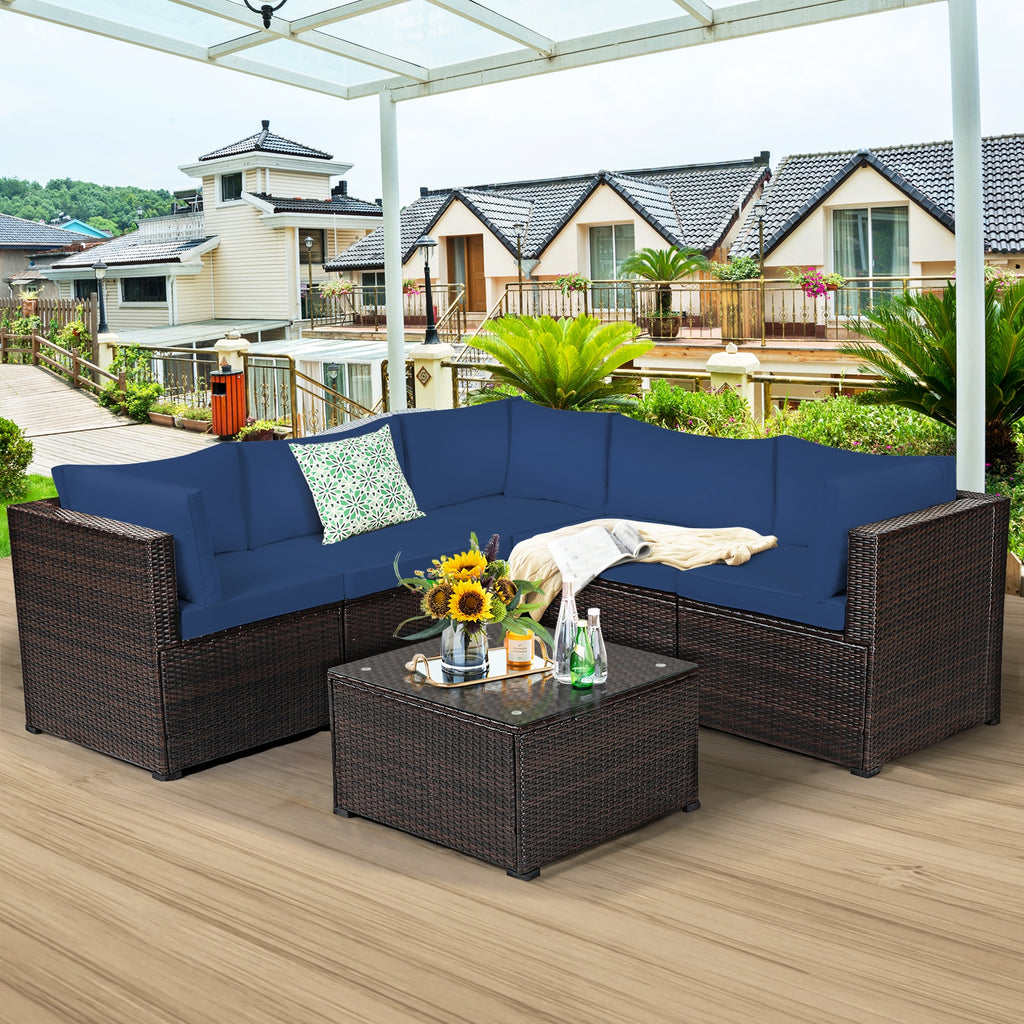 Rattan Patio Sectional Sofa Set w/ Cushions 4-5 Person - Navy