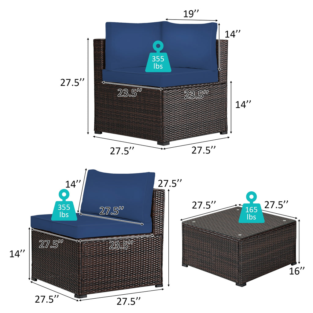 Rattan Patio Sectional Sofa Set w/ Cushions 4-5 Person - Navy