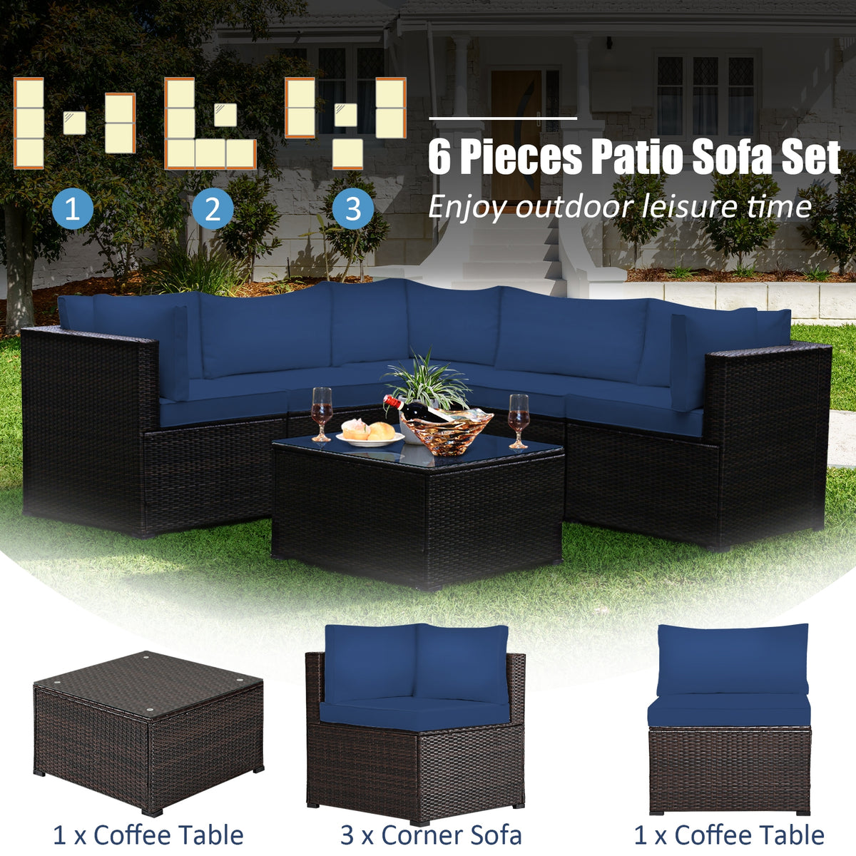 Rattan Patio Sectional Sofa Set w/ Cushions 4-5 Person - Navy