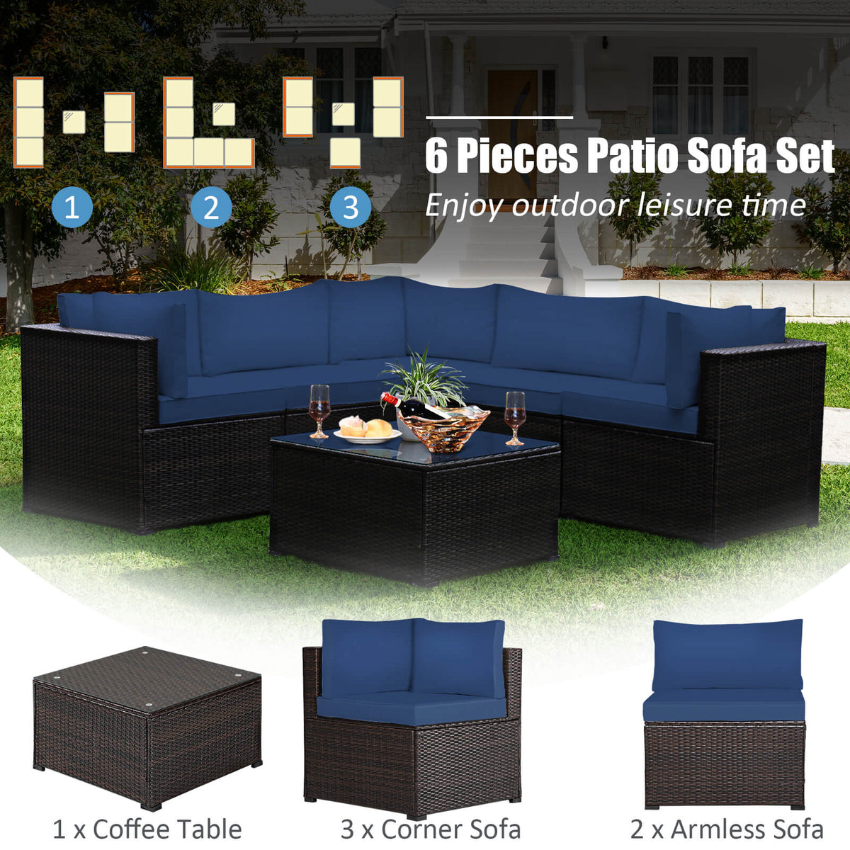 Rattan Patio Sectional Sofa Set w/ Cushions 4-5 Person - Navy
