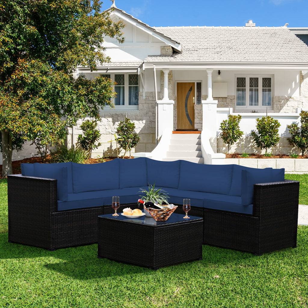 Rattan Patio Sectional Sofa Set w/ Cushions 4-5 Person - Navy