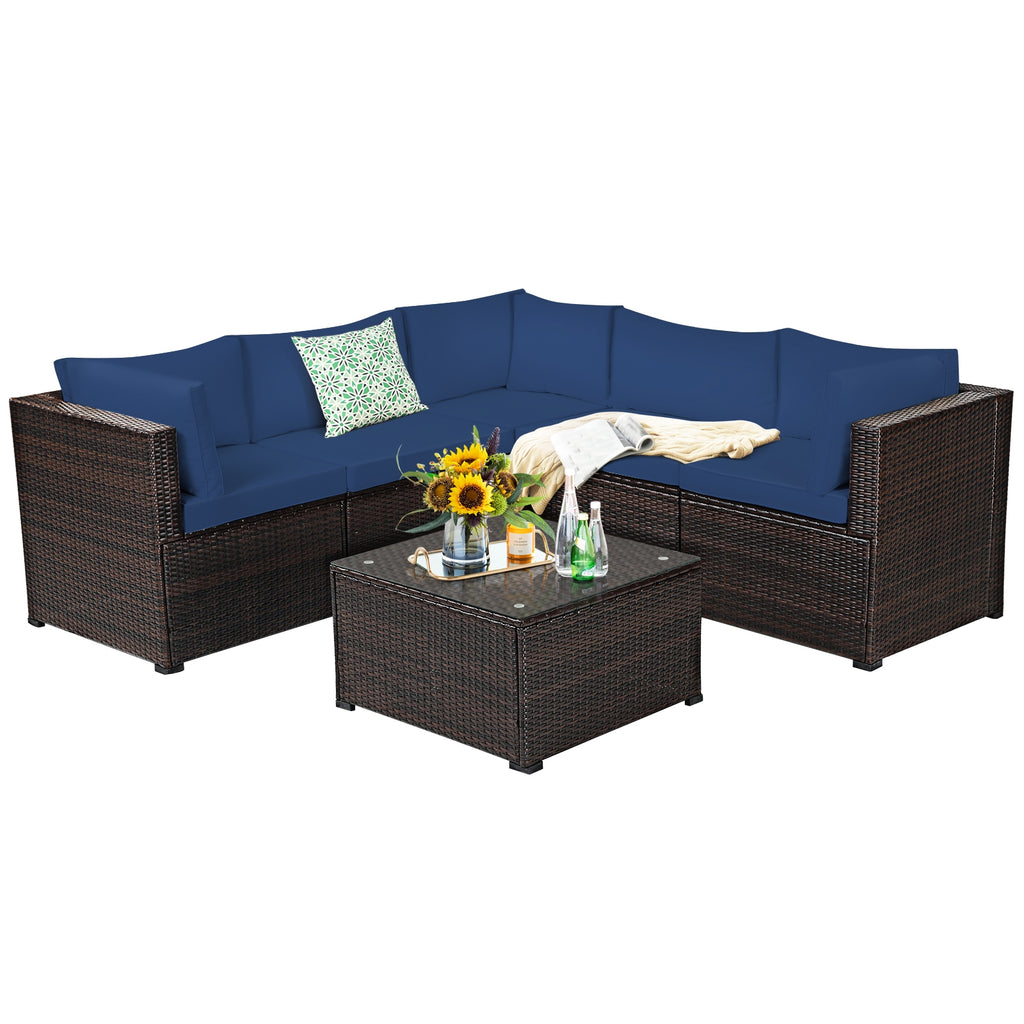 Rattan Patio Sectional Sofa Set w/ Cushions 4-5 Person - Navy