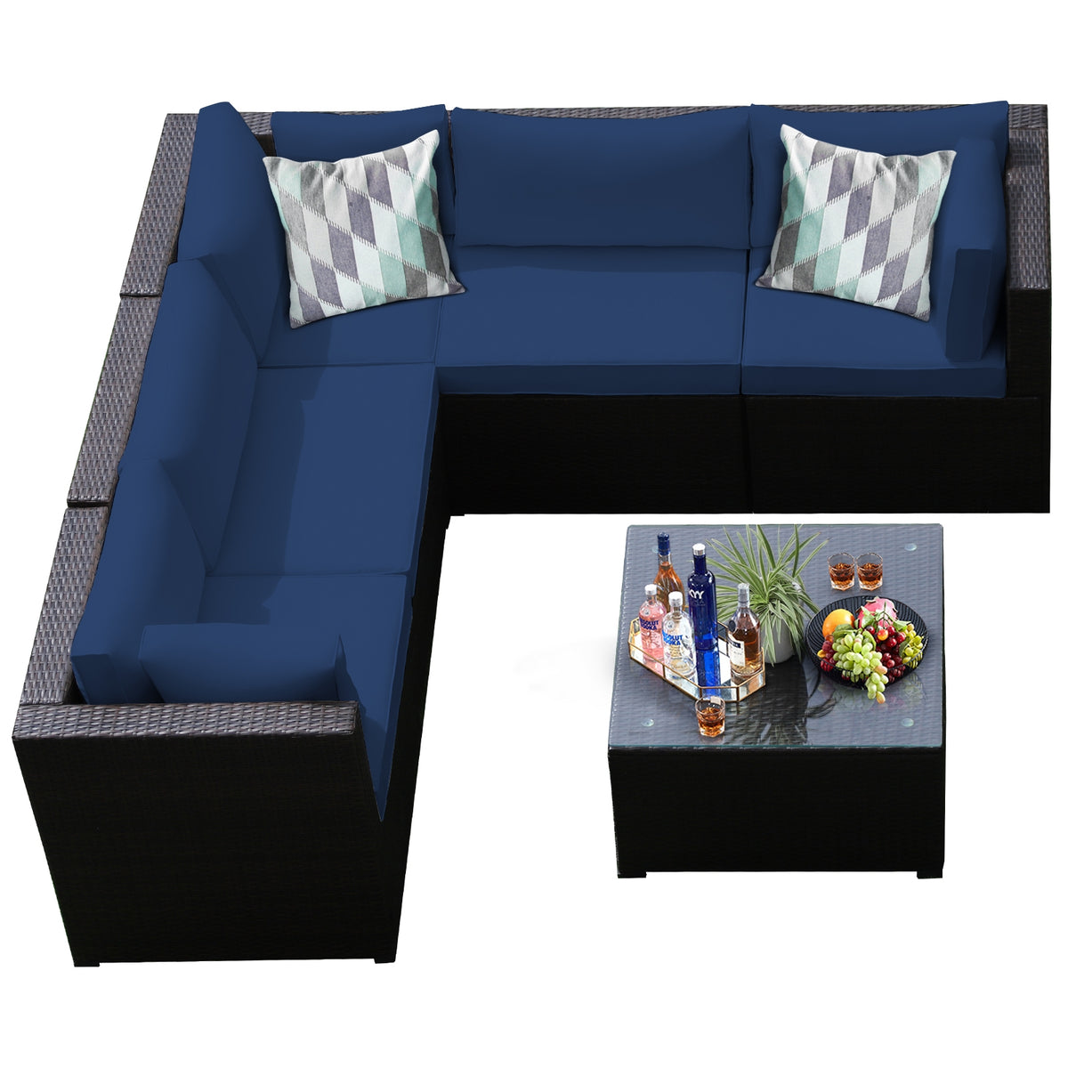 Rattan Patio Sectional Sofa Set w/ Cushions 4-5 Person - Navy