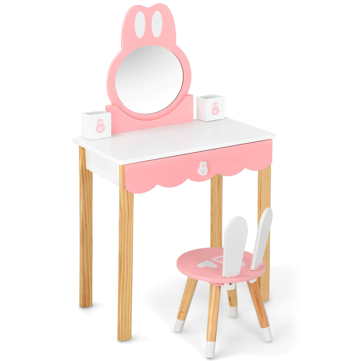 Kids Rabbit Vanity Table Chair Set with Mirror & Drawer - White