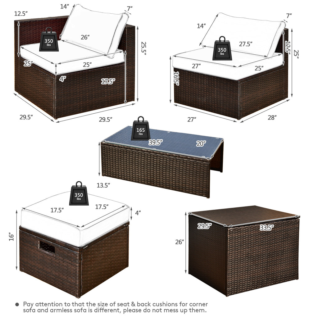 8-Piece Patio Rattan Furniture Set with Storage Box & Waterproof Cover - Brown, Navy