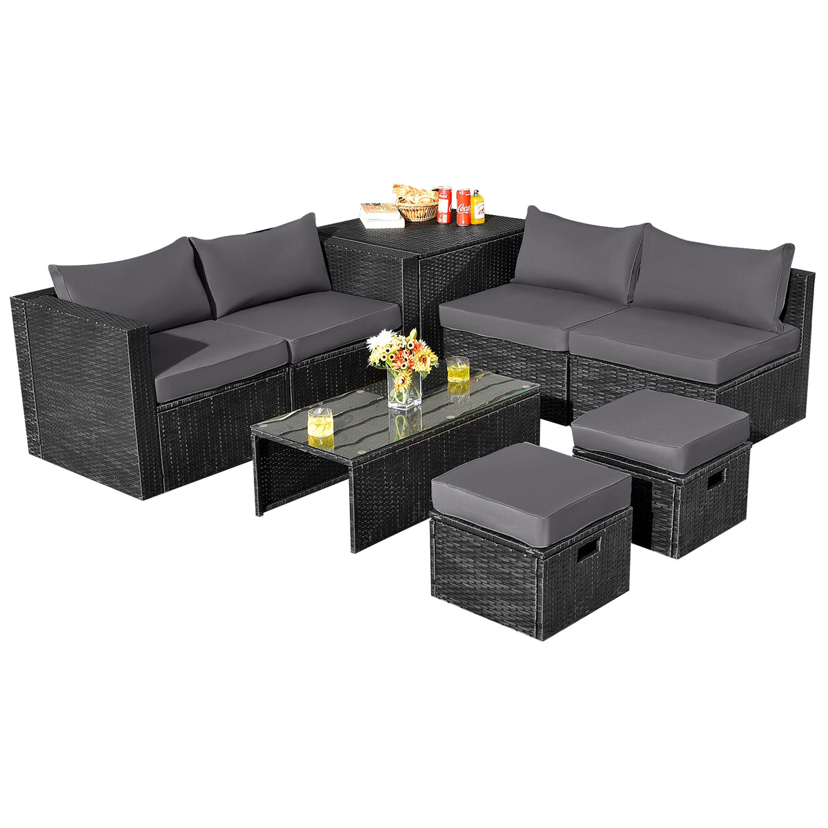 8-Piece Patio Furniture Set with Storage Box & Cover - Black Rattan, Gray