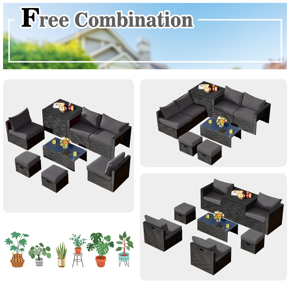 8-Piece Patio Furniture Set with Storage Box & Cover - Black Rattan, Gray